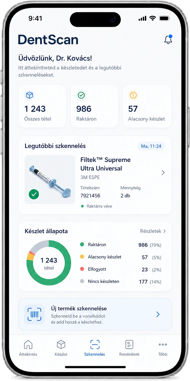 DentScan inventory overview phone mockup with stock status, recent scans and inventory cards