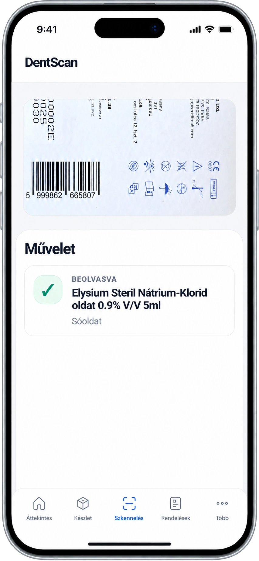 DentScan scanning action phone mockup with barcode scan and action card