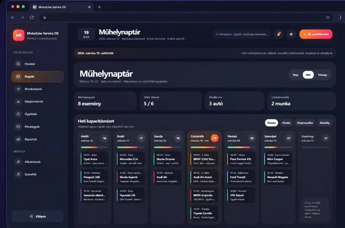 MotorLine Service OS műhelynaptár böngésző mockup, heti kapacitásnézettel és műhely státuszokkal