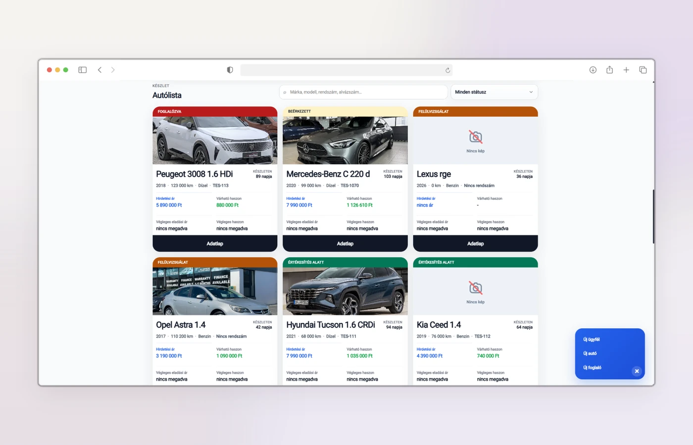 CarTrend belső autónyilvántartó rendszer készlet-hőtérképpel, Kanban nézettel és pénzügyi adatokkal